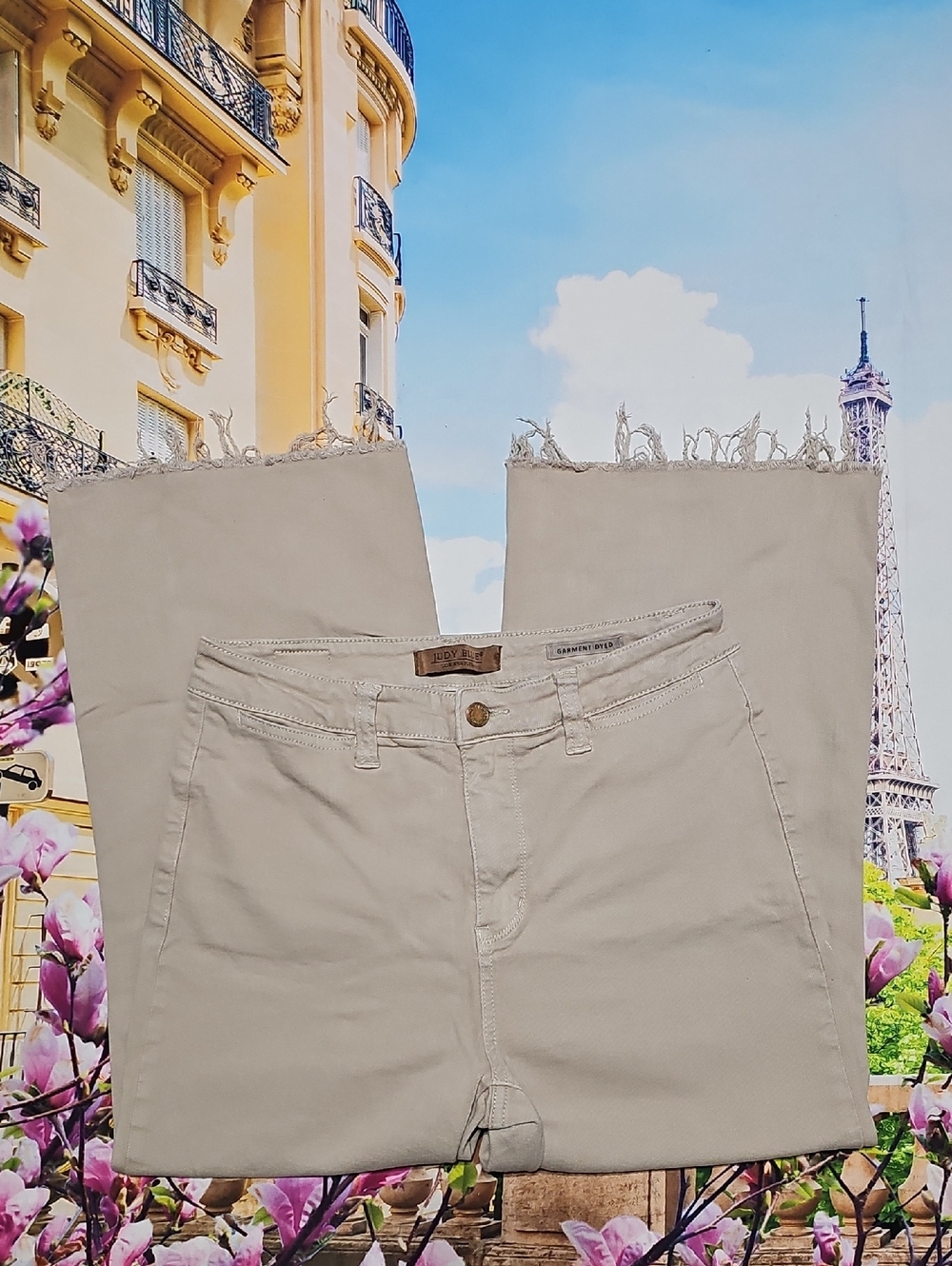 Judy Blue Beige Wide-Leg High Waist Raw Hem Pants Garment Dyed Size 9/29